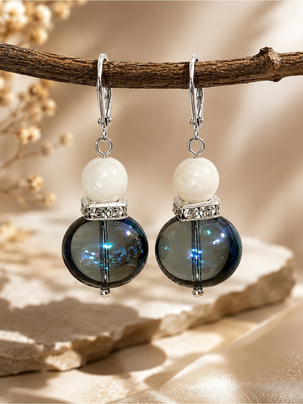 Aurora Czech AB Glass and White Jade Leverback Earrings
